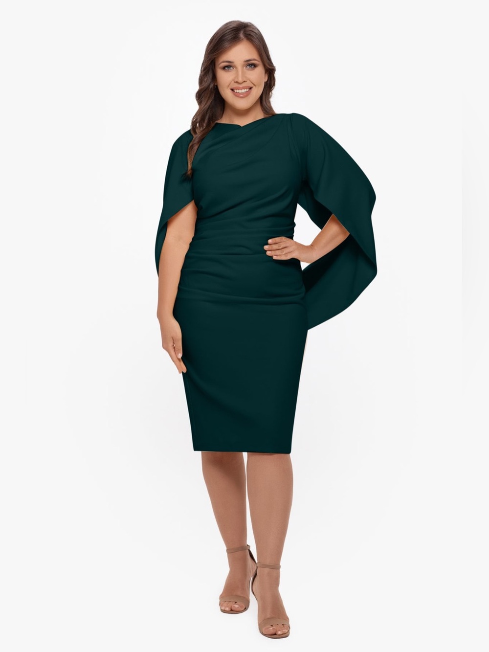 Betsy and Adam Plus “Jordan” Short Scuba Crepe Drape Back Dress in Pine 16W